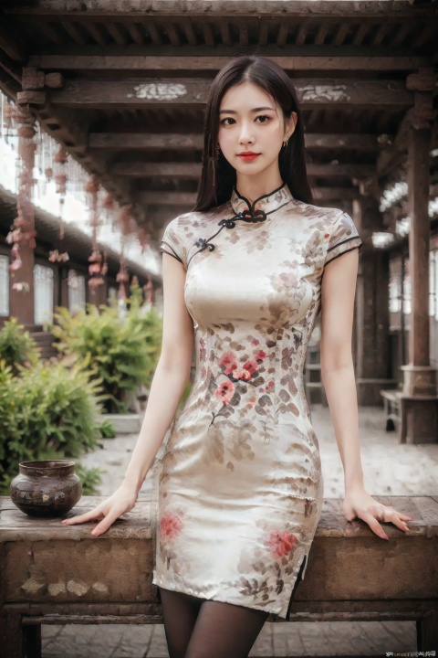(global illumination, reality,ray tracing, HDR, unreal rendering, reasonable design, high detail, masterpiece,best quality, ultra high definition, movie lighting),
1girl,outdoor,looking_at_viewer,side_blunt_bangs,china_dress,chinese_style,big breasts,pose,solo,1girl,black hair,black eyes,cheongsam.spring festival, pantyhose, sitting