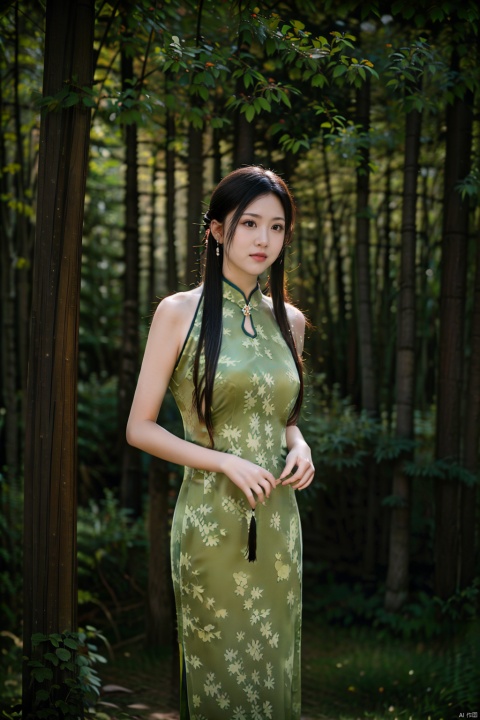 (masterpiece,best quality:1.5), ultra realistic,1girl, long hair, straight hair, portrait, mysterious forest, firefly, bokeh, mysterious, night, sky, cloud, qipao