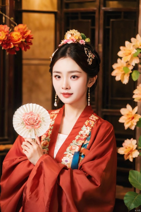 1girl, flower, solo, black hair, chinese clothes, hair ornament, hair flower, smile, indoors, vase, upper body, red lips, holding, hand fan, long sleeves, blurry, own hands together,hanfu