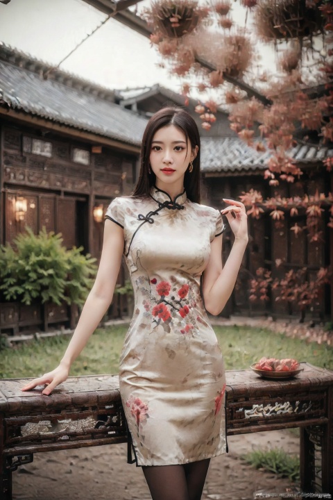 (global illumination, reality,ray tracing, HDR, unreal rendering, reasonable design, high detail, masterpiece,best quality, ultra high definition, movie lighting),
1girl,outdoor,looking_at_viewer,side_blunt_bangs,china_dress,chinese_style,big breasts,pose,solo,1girl,black hair,black eyes,cheongsam.spring festival, pantyhose, umbrella