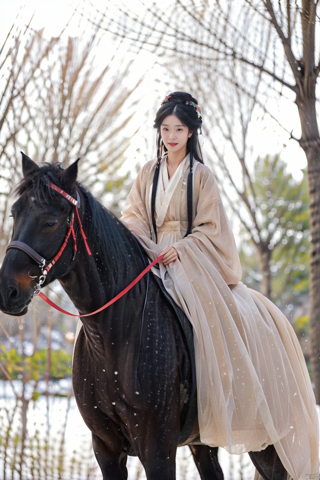  1girl, no makeup, hanfu weijin,riding a horse