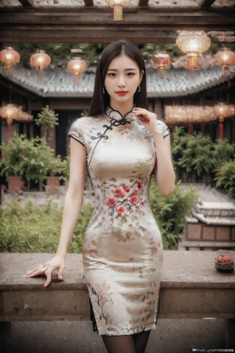 (global illumination, reality,ray tracing, HDR, unreal rendering, reasonable design, high detail, masterpiece,best quality, ultra high definition, movie lighting),
1girl,outdoor,looking_at_viewer,side_blunt_bangs,china_dress,chinese_style,big breasts,pose,solo,1girl,black hair,black eyes,cheongsam.spring festival, pantyhose, 