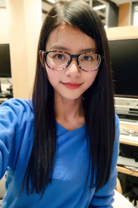 1girl, solo, glasses, realistic, smile, long hair, looking at viewer, black hair, lips, black eyes, upper body, beauty