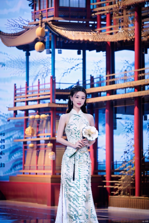 1girl, solo, black hair, dress, holding, bare shoulders, jewelry, standing, flower, earrings, outdoors, sleeveless, necklace, white dress, blurry, sleeveless dress, blurry background, white flower, bouquet, wedding dress, long dress, architecture, east asian architecture, holding bouquet, halter dress
