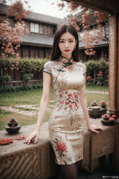(global illumination, reality,ray tracing, HDR, unreal rendering, reasonable design, high detail, masterpiece,best quality, ultra high definition, movie lighting),
1girl,outdoor,looking_at_viewer,side_blunt_bangs,china_dress,chinese_style,big breasts,pose,solo,1girl,black hair,black eyes,cheongsam.spring festival, pantyhose