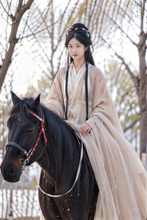  1girl, no makeup, hanfu weijin,with a horse