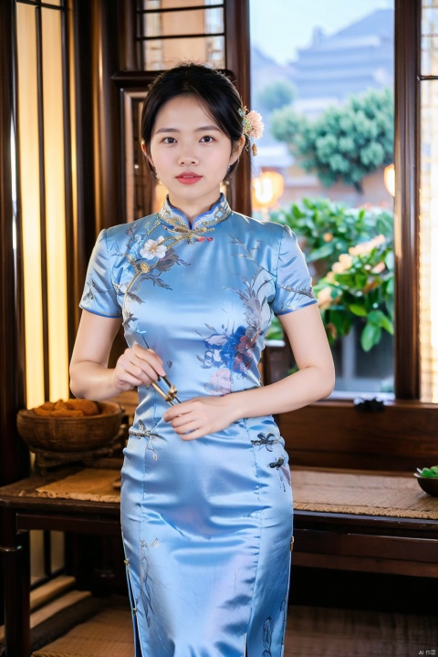  chinese clothes, black hair, table, smile, dress, looking at viewer, 1girl, blurry, grin, black eyes, short sleeves, indoors, blue dress, female focus, china dress, blurry foreground, short hair, cheongsam, realistic, south beauty