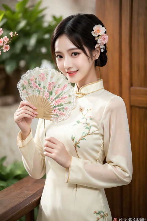 1girl, flower, solo, black hair, chinese clothes, hair ornament, hair flower, smile, indoors, vase, upper body, red lips, holding, hand fan, long sleeves, blurry, own hands together, cheongsam