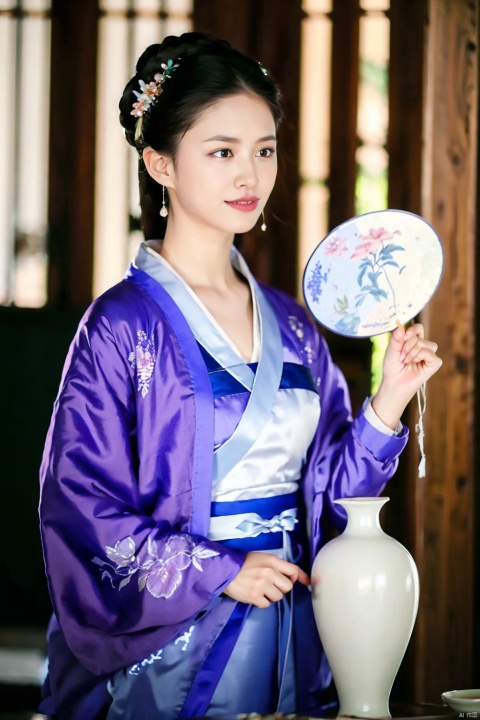 1girl, flower, solo, black hair, chinese clothes, hair ornament, hair flower, smile, indoors, vase, upper body, red lips, holding, hand fan, long sleeves, blurry, own hands together, gufeng