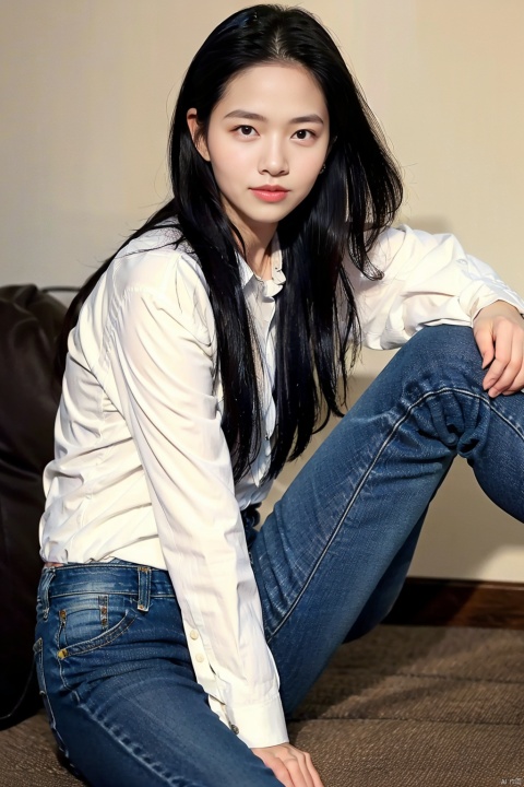 1girl, solo, pants, denim, jeans, black hair, sitting, long hair, shirt, realistic, white shirt, looking at viewer, lips, black eyes, breasts, closed mouth, south beauty