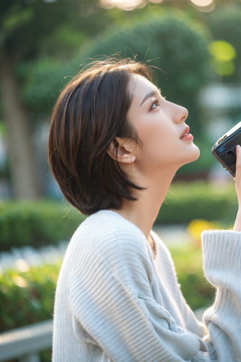 1girl, solo, brown hair, phone, realistic, cellphone, short hair, blurry background, blurry, smartphone, profile, holding, holding phone, looking up, upper body, lips, long sleeves, bag, hunxue