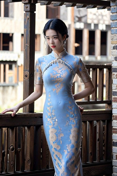 (global illumination, reality,ray tracing, HDR, unreal rendering, reasonable design, high detail, masterpiece,best quality, ultra high definition, movie lighting),
1girl,outdoor,looking_at_viewer,side_blunt_bangs,china_dress,chinese_style,big breasts,pose,solo,1girl,black hair,black eyes,  qipao