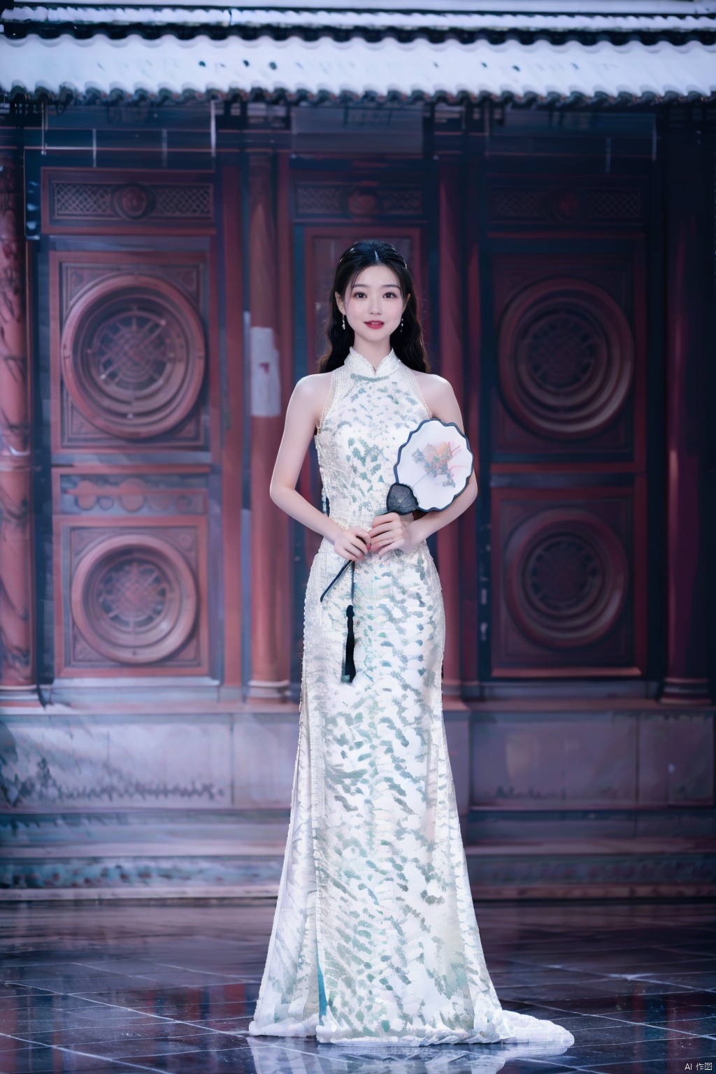 1girl, solo, long hair, black hair, dress, holding, bare shoulders, jewelry, standing, full body, flower, earrings, outdoors, sleeveless, white dress, sleeveless dress, chinese clothes, hand fan, bouquet, holding fan
