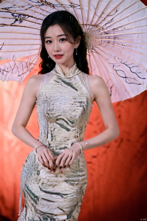 1girl, solo, long hair, black hair, dress, holding, jewelry, earrings, parted lips, sleeveless, nail polish, white dress, black eyes, bracelet, lips, sleeveless dress, umbrella, chinese clothes, china dress, beads, holding umbrella, realistic, oil-paper umbrella, bead bracelet
