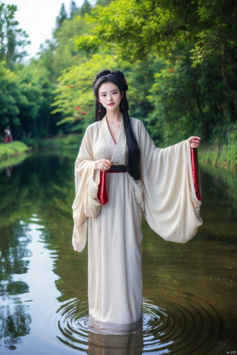 (masterpiece,best quality:1.4), ultra realistic,1girl, long hair, straight hair, portrait, mysterious forest, firefly, bokeh, mysterious, night, sky, cloud,, hunxue, standing int the water, hanfu