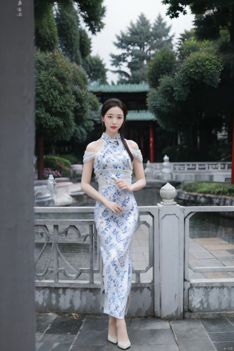 (1girl:1.3), (best quality, masterpiece, ultra high resolution),(photorealistic:1.3), (realistic:1.3), depth of field,(full body:1.2), (day:1.2), (cinematic lighting:1.2),, qipao