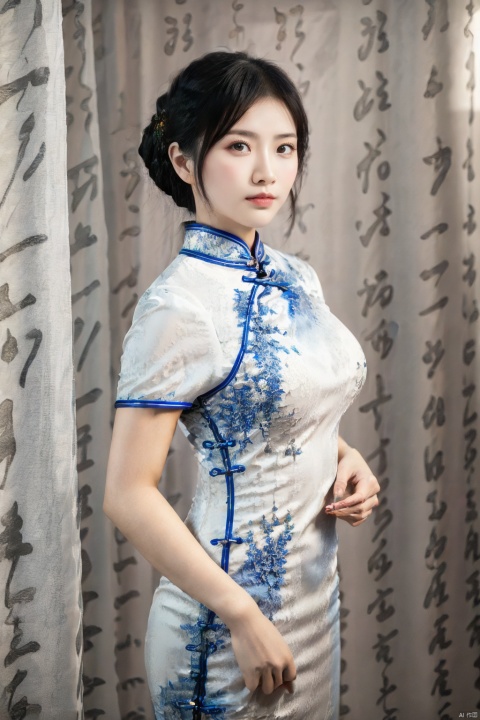(global illumination, reality,ray tracing, HDR, unreal rendering, reasonable design, high detail, masterpiece,best quality, ultra high definition, movie lighting),
1girl,outdoor,looking_at_viewer,side_blunt_bangs,china_dress,chinese_style,big breasts,pose,solo,1girl,black hair,black eyes, , xieshi, cheongsam
