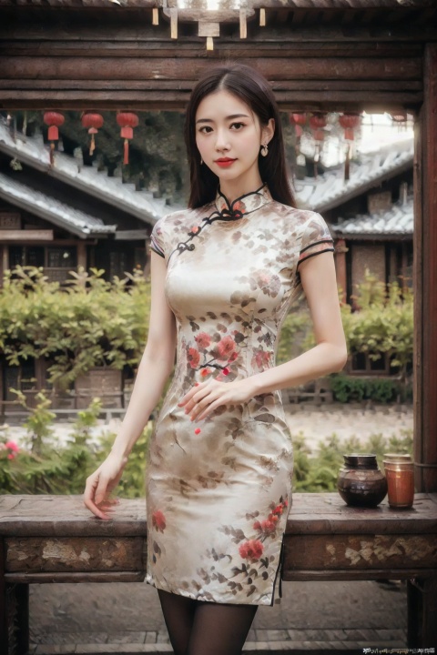 (global illumination, reality,ray tracing, HDR, unreal rendering, reasonable design, high detail, masterpiece,best quality, ultra high definition, movie lighting),
1girl,outdoor,looking_at_viewer,side_blunt_bangs,china_dress,chinese_style,big breasts,pose,solo,1girl,black hair,black eyes,cheongsam.spring festival, pantyhose, 