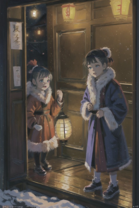 masterpiece,best quality,(anime),illustration,extremely detailed,extremely intricate,highres, ,a group of cute children at their doorstep in winter celebrate the spring festival,door of a house,spring festival couplets,branch,pefom the dragon dance,fireworks,lantern/lamp,yuanbao,