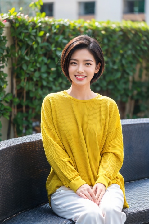 1girl, solo, phone, smile, shirt, black hair, realistic, yellow shirt, sitting, photo background, striped, striped shirt, grin, short hair, blurry background, white pants, blurry, cosplay, hunxue