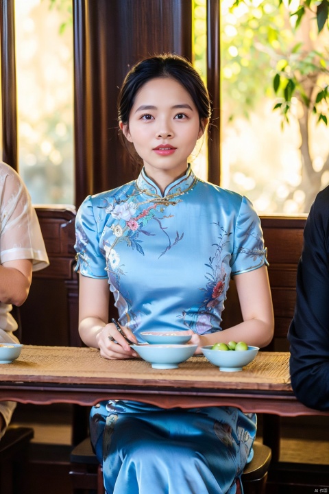 chinese clothes, black hair, table, smile, holding, dress, looking at viewer, 1girl, blurry, grin, solo focus, black eyes, short sleeves, indoors, blue dress, female focus, china dress, blurry foreground, short hair, cheongsam, realistic, sitting, chair, south beauty