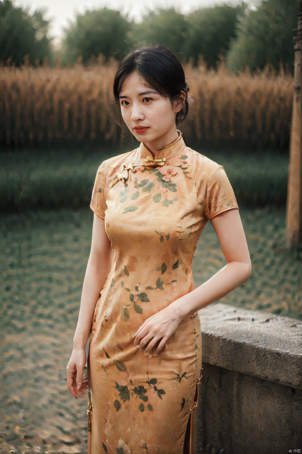 (global illumination, reality,ray tracing, HDR, unreal rendering, reasonable design, high detail, masterpiece,best quality, ultra high definition, movie lighting),
1girl,outdoor,looking_at_viewer,side_blunt_bangs,china_dress,chinese_style,big breasts,pose,solo,1girl,black hair,black eyes,cheongsam