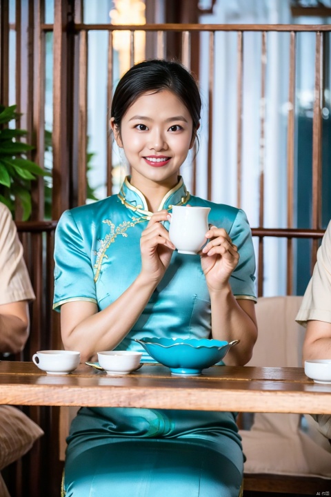 chinese clothes, black hair, smile, table, dress, looking at viewer, 1boy, black eyes, holding, grin, blurry, cup, solo focus, male focus, short sleeves, short hair, china dress, indoors, blurry foreground, blue dress, realistic, teacup, chair, south beauty