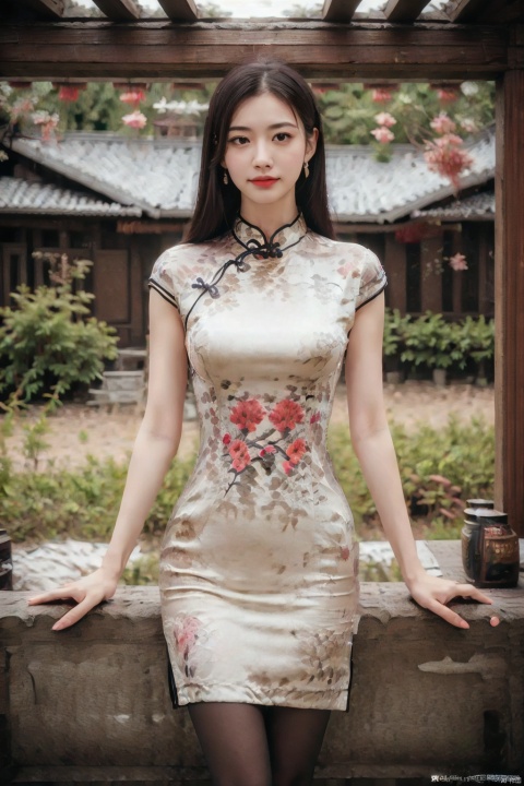 (global illumination, reality,ray tracing, HDR, unreal rendering, reasonable design, high detail, masterpiece,best quality, ultra high definition, movie lighting),
1girl,outdoor,looking_at_viewer,side_blunt_bangs,china_dress,chinese_style,big breasts,pose,solo,1girl,black hair,black eyes,cheongsam.spring festival, pantyhose, sitting