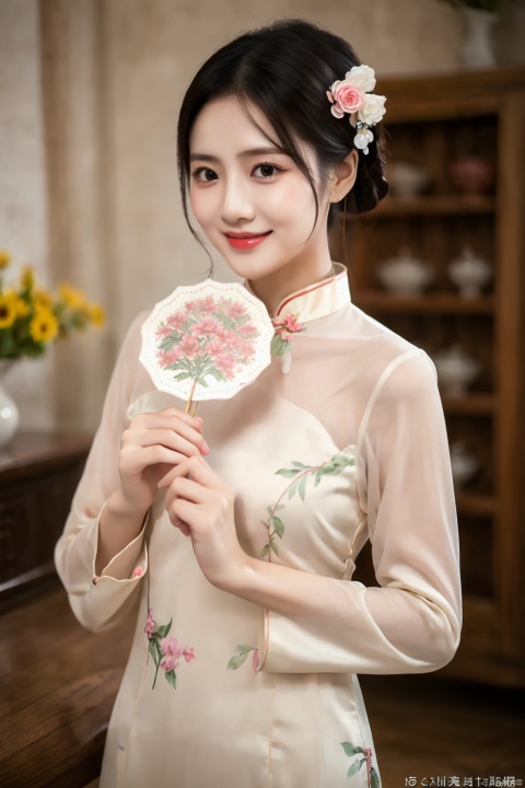 1girl, flower, solo, black hair, chinese clothes, hair ornament, hair flower, smile, indoors, vase, upper body, red lips, holding, hand fan, long sleeves, blurry, own hands together, cheongsam