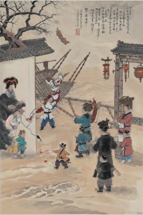 1 painting, spring festival, lantern, many children are playing, one red Chinese Dragon on the sky