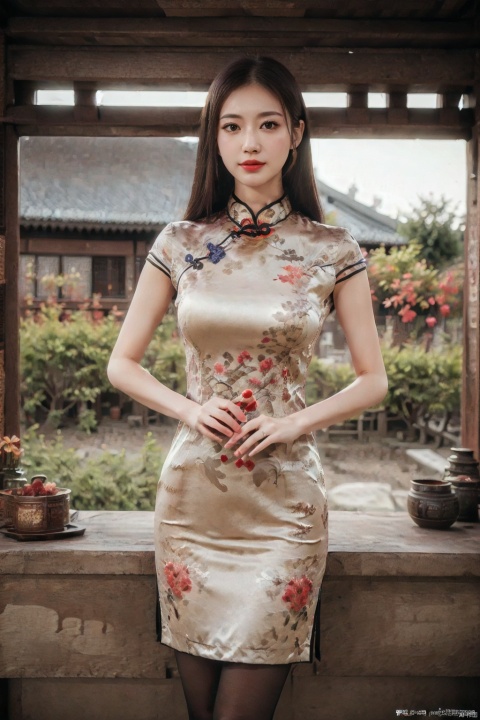 (global illumination, reality,ray tracing, HDR, unreal rendering, reasonable design, high detail, masterpiece,best quality, ultra high definition, movie lighting),
1girl,outdoor,looking_at_viewer,side_blunt_bangs,china_dress,chinese_style,big breasts,pose,solo,1girl,black hair,black eyes,cheongsam.spring festival, pantyhose, Chinese Dragon beside