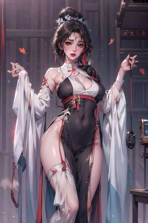  Qishuang, solo, long hair, black hair, leaf,smile， 1girl, Spring Peony, maple leaf, (the whole body), looking at iewer, brown eyes,hair ornament,chinese pink clothes, ribbon,nice hands, perfect balance, looking at viewer, closed mouth, (Light_Smile:0.3), official art, extremely detailed CG unity 8k wallpaper, perfect lighting, Colorful, Bright_Front_face_Lighting, White skin, (masterpiece:1), (best_quality:1), ultra high res, 4K, ultra-detailed, photography, 8K, HDR, highres, absurdres:1.2, Kodak portra 400, film grain, blurry background, bokeh:1.2, lens flare, (vibrant_color:1.2), professional photograph, (narrow_waist), dark studio, Qishuang