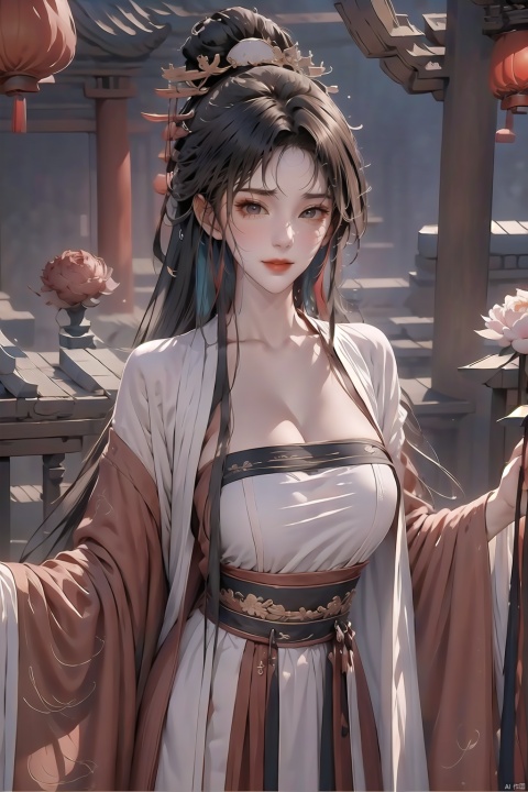  Qishuang, solo, long hair, black hair, leaf,smile， 1girl, Spring Peony, maple leaf, (the whole body), looking at iewer, brown eyes,hair ornament,chinese pink clothes, ribbon,nice hands, perfect balance, looking at viewer, closed mouth, (Light_Smile:0.3), official art, extremely detailed CG unity 8k wallpaper, perfect lighting, Colorful, Bright_Front_face_Lighting, White skin, (masterpiece:1), (best_quality:1), ultra high res, 4K, ultra-detailed, photography, 8K, HDR, highres, absurdres:1.2, Kodak portra 400, film grain, blurry background, bokeh:1.2, lens flare, (vibrant_color:1.2), professional photograph, (narrow_waist), dark studio, Qishuang