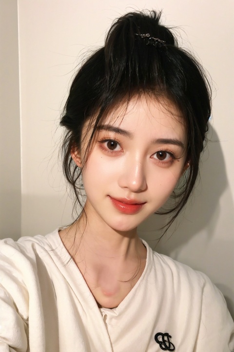 perfect facial features ratio, perfect figure, white skin, stunning beauty, beautiful, gentle and simple, big eyes, double eyelids, single ponytail, charming smile, natural beauty, charming, ruby earrings, beautiful, romantic, Short hair, wearing a sweatshirt 1girl