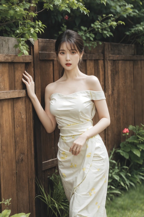  1girl, bare shoulders, black hair, breasts,Wooden wall, bush,Dai ethnic skirt, earrings, flower, garden,Chinese Dai ethnic clothing,Diagonal draped light gauze skirt, strapless dress, grass, hair bun, jewelry, makeup, outdoors, plant, red lips, solo, standing