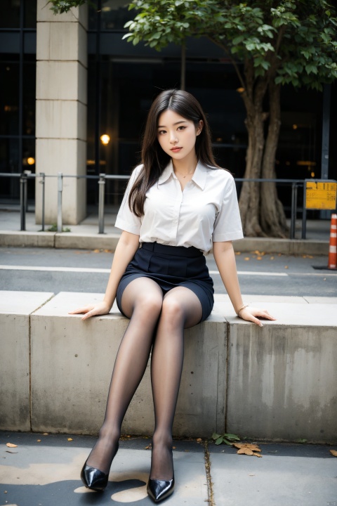  Best quality, full body portrait, delicate face, pretty face, 16 year old woman, slim figure, large bust, OL uniform, office clothes, navy blue stockings, no shoes, outdoor scene, sitting position, 1girl, shirt_lift,bag,background,high_heels