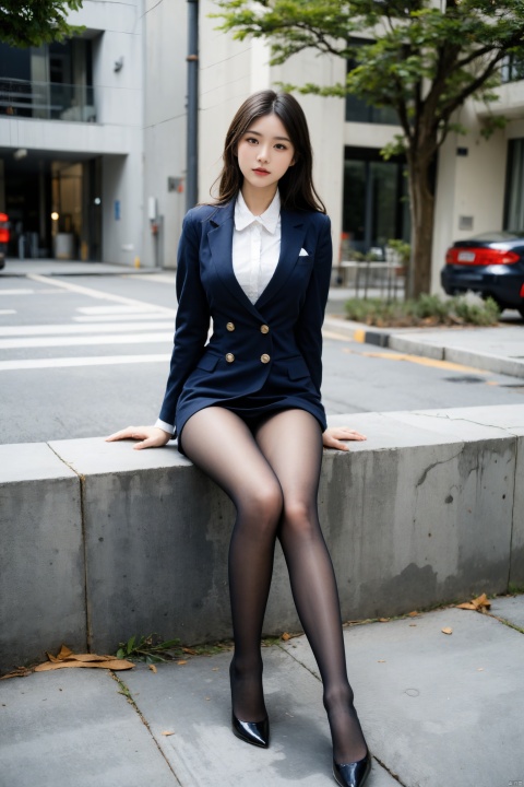  Best quality, full body portrait, delicate face, pretty face, 16 year old woman, slim figure, large bust, OL uniform, office clothes, navy blue stockings, no shoes, outdoor scene, sitting position, 1girl