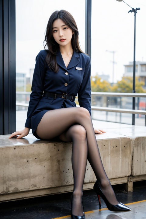  Best quality, full body portrait, delicate face, pretty face, 16 year old woman, slim figure, large bust, OL uniform, office clothes, navy blue stockings, no shoes, outdoor scene, sitting position, 1girl, shirt_lift,bag,background,high_heels