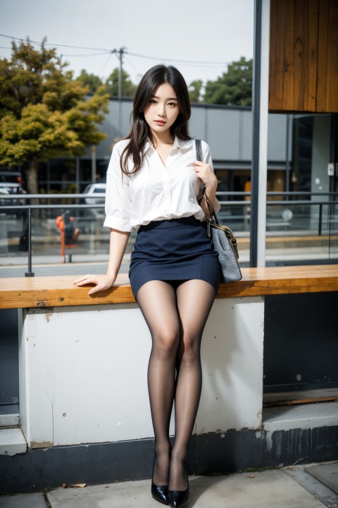  Best quality, full body portrait, delicate face, pretty face, 16 year old woman, slim figure, large bust, OL uniform, office clothes, navy blue stockings, no shoes, outdoor scene, sitting position, 1girl, shirt_lift,bag,background,high_heels,skirt