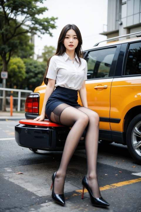  Best quality, full body portrait, delicate face, pretty face, 16 year old woman, slim figure, large bust, OL uniform, office clothes, navy blue stockings, no shoes, outdoor scene, sitting position, 1girl, shirt_lift,bag,background,high_heels,skirt