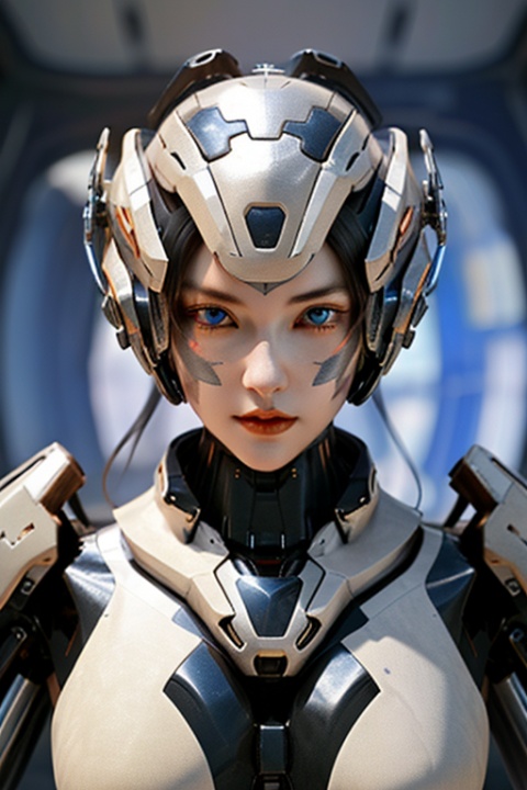 Beautiful girl wearing silver mecha, beautiful face, ( (perfect figure: 1.2)), CG, swirling dragon, realistic texture, futuristic world scene, science fiction world scene, spaceship, silver mecha, reflection, adding details, masterpiece, serious expression, perfect face, 8K