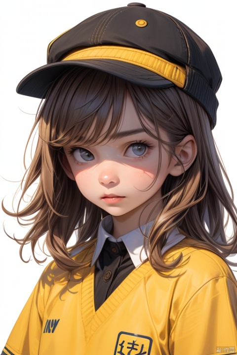 1girl, solo, looking at viewer, simple background, brown hair, hat, white background, closed mouth, black eyes, lips, child, realistic, yellow headwear, kindergarten uniform, school hat