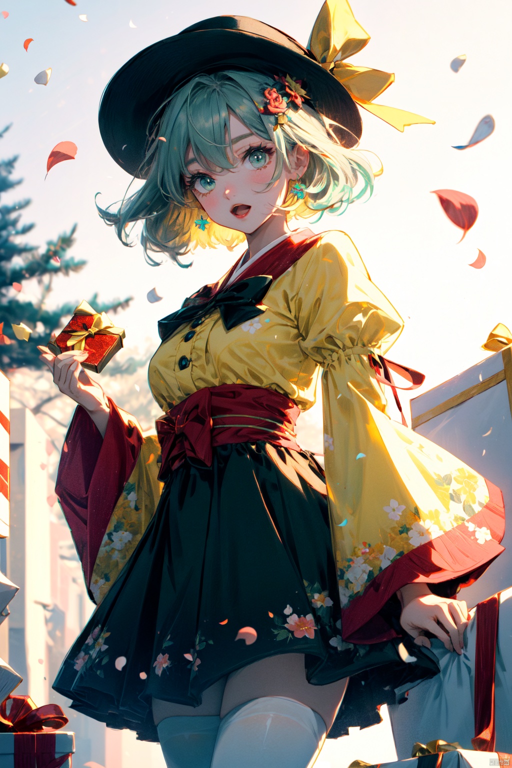  1girl, komeiji koishi, solo, hat, third eye, skirt, green eyes, green skirt, shirt, yellow shirt, bow, heart, white background, long sleeves, heart of string, simple background, black headwear, looking at viewer, ribbon, hat ribbon, frills, wide sleeves, frilled sleeves, eyeball, wavy hair, hair between eyes, frilled shirt collar, bangs, hat bow, blouse, yellow ribbon, green hair, cowboy shot, grey hair, yellow bow, collared shirt, medium hair, backlight, colors, white pantyhose, cherry_blossoms, confetti, falling_petals, floral_print, flower, hair_flower, hair_ornament, interlocked_fingers, japanese_clothes, jewelry, kimono, open_mouth, own_hands_together, petals, pink_dress, rose_petals, sandals, presentbox,star hair ornament,gift box,jingle bell,santa costume,santa gloves,star hair ornament,christmas wreath,santa hat, best quality, tianxie
