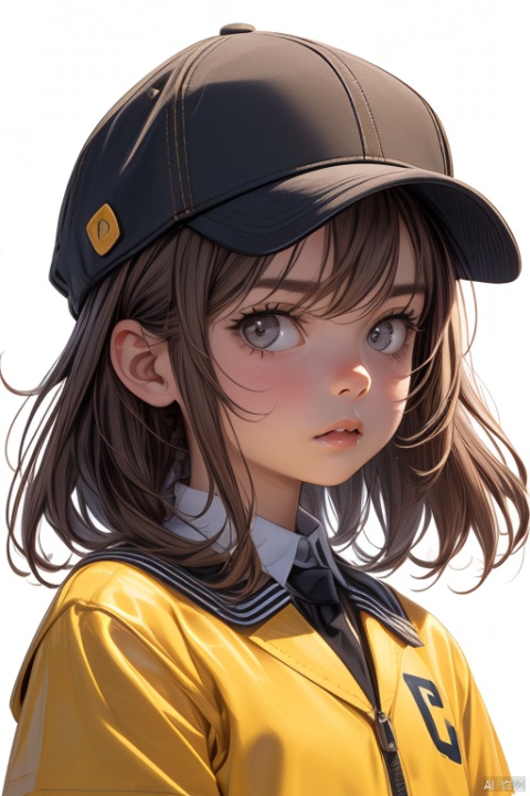 1girl, solo, looking at viewer, simple background, brown hair, hat, white background, closed mouth, black eyes, lips, child, realistic, yellow headwear, kindergarten uniform, school hat