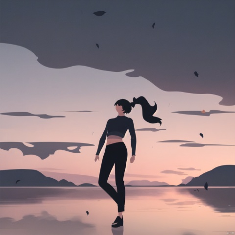 yxch, yxch business, 1girl, solo, wide shot, pants, shirt, long sleeves, leaf, ponytail, black hair, black footwear, cloud, standing, black shirt, sky, long hair, shoes, black pants, wind, white background, surreal, faceless female, piano, midriff, Before dawn, 