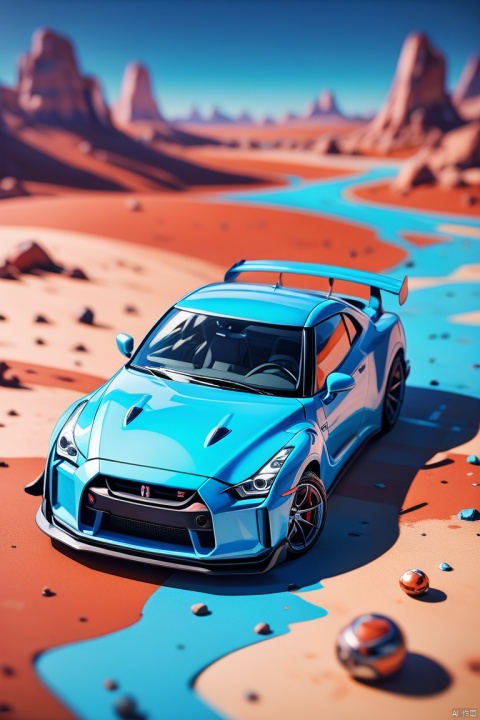 depth of field, bokeh, | smooth detailed shadows, hyperealistic shadows, (saturated colors:1.2) | (game cg, unreal engine, pixar style), (3d model), style of Dustin Nguyen, sharp-tempered, Graphic design, flat design, skyline gt-r r34 1999 in blue , drifting in Mars, Watercolor splashes, highly detailed clean, photorealistic in frame, professional photography, realistic car, Watercolor abstract background, isometric, vibrant color vector,Contrast Pop Art