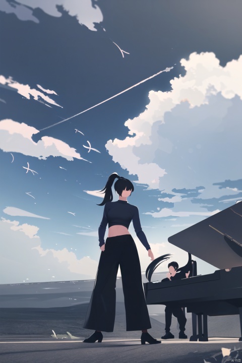 yxch, yxch business, 1girl, solo, wide shot, pants, shirt, long sleeves, leaf, ponytail, black hair, black footwear, cloud, standing, black shirt, sky, long hair, shoes, black pants, wind, white background, surreal, faceless female, piano, midriff, Before dawn, 