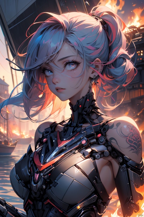  (Masterpiece, best quality, official art, beauty and aesthetics :1.2), extreme detail, (fractal art), colorful, highest detail, ((mechanical retouching)), (embellished), (1 lady, solo, whole body), (Side :1.2), gorgeous, colorful, ((detailed eyes)), collarbone, ([pink | blue] hair), long hair, (sides up :0.8), Magic, (chuckle :0.6), Shadow, boat background, fire element, Tattoo,masterpiece