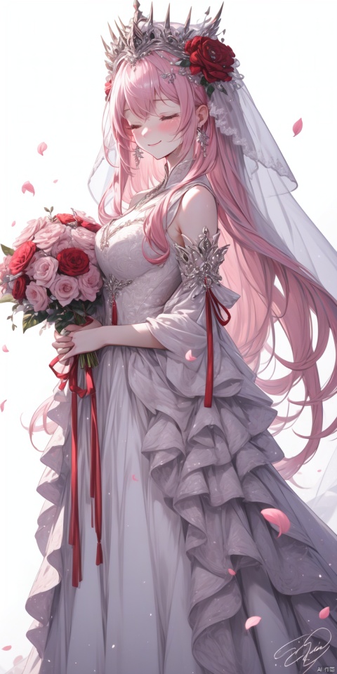  1girl, long hair, full body,solo, veil, flower, closed eyes, dress, smile, wedding dress, hair ornament, petals, dated, ribbon, tears, bouquet, bridal veil, signature, hair flower, red hair, crying, white background, pink hair, upper body, cute girl,Chinese weddingdress, long yedress and white blindfold, tianxie, best quality