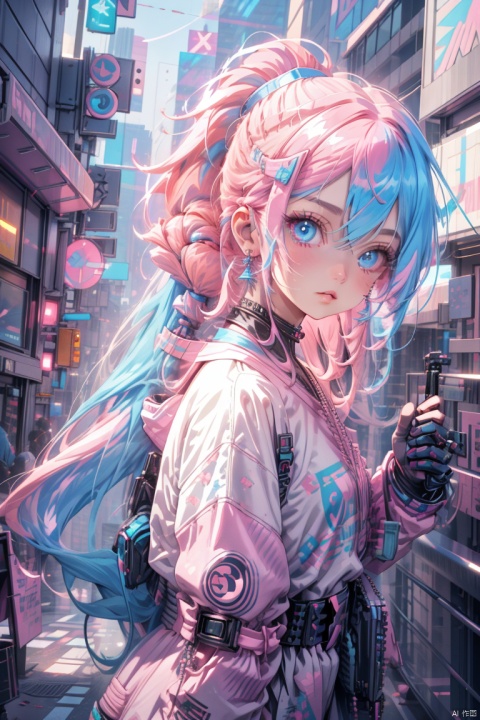  cyberpunk city,1girl,solo,looking at viewer,ponytail,long hair,multicolored hair,blue hair,pink hair,earrings,jewelry,parted lips,blue eyes,upper body,from side,lips, kawaiitech,pastel colors,kawaii, best quality